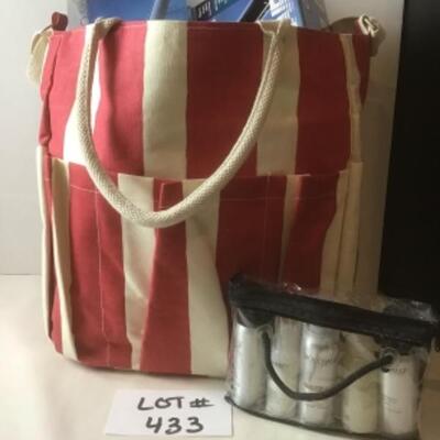 P433 Large Canvas Red and White Striped Bag with Andis Curling Iron and Dryer 