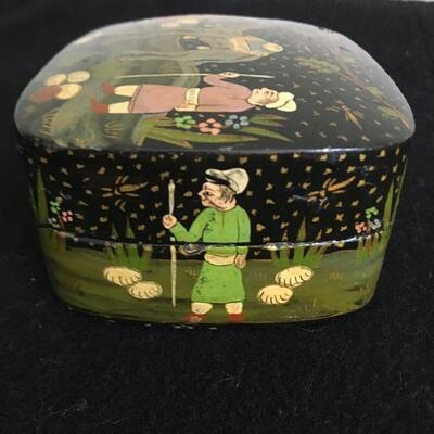 Vintage Hand Painted Black Enamel Style Ring Box 2â€ x 3â€