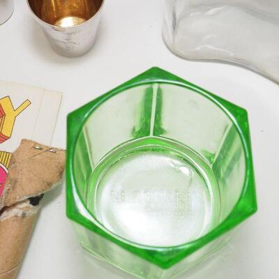 Lot 17- Flask holder portable shot glasses, trays, Sake set.