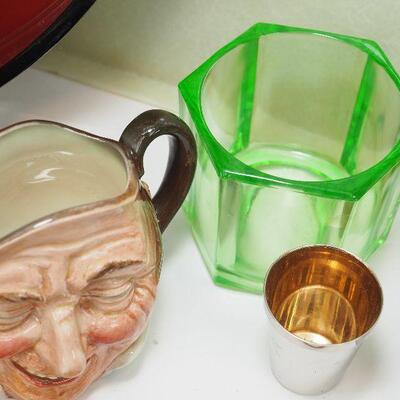 Lot 17- Flask holder portable shot glasses, trays, Sake set.