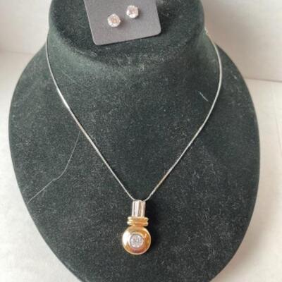 K453 Sterling CZ Two toned Pendant with sterling CZ Earrings 