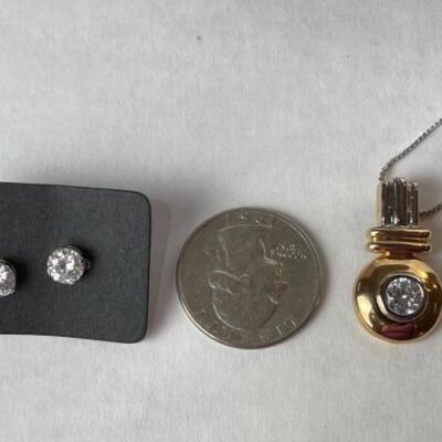 K453 Sterling CZ Two toned Pendant with sterling CZ Earrings 