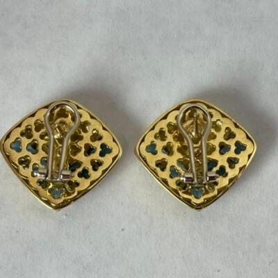 K549 18k Yellow Gold Blue Topaz Pierced French Clip Earrings 