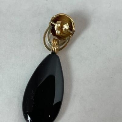 K552 14k Yellow Gold Black Onyx Pierced Dangle Earrings