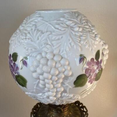 Vintage White Globe Victorian Table Lamp Embossed Grapes & Purple Flowers