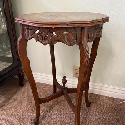 Antique Inlaid Carved Wood Side Table Plant Stand 