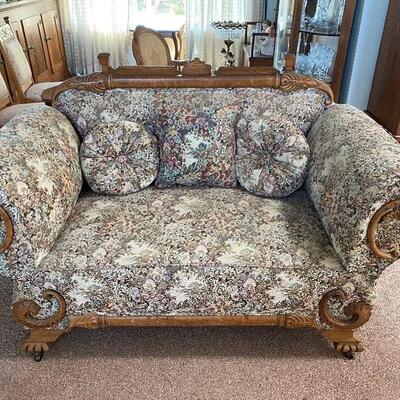 Antique Light Finish Oak Over Stuffed Settee Loveseat Couch Seat