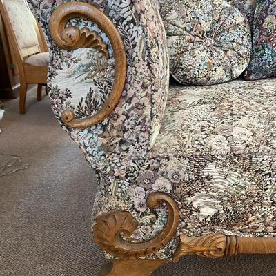 Antique Light Finish Oak Over Stuffed Settee Loveseat Couch Seat