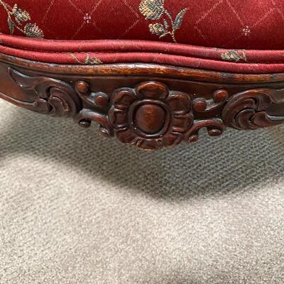 Antique Dark Finish Wood Tufted Red Burgundy Floral Arm Chair 