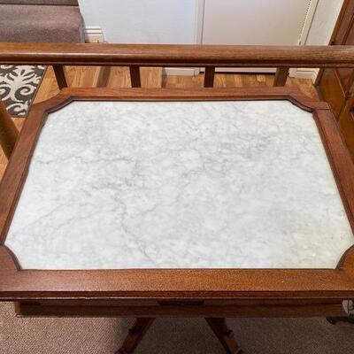 Antique Wood & Marble Square Side Table