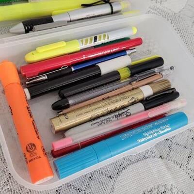 Lot 156: Plastic Tote of Pens and Highlighters UNTESTED 