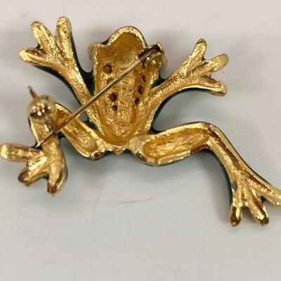 SARDI Gold Tone Green Enamel Rhinestone Frog Toad Pin Brooch