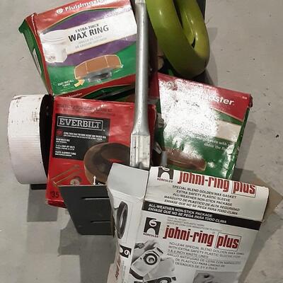 LOT 88 - various hose, tape, john-ring plus,, Everbilt and Fluidmaster wax rings, Wall texture spray, auto parts brakleen, etc. as shown
