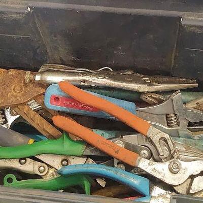 lot 91 - Assorted wrenches, vice grips, etrc. in heavy duty bin