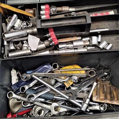 lot 100 -Tool box of assorted wrenches, sockets, etc.