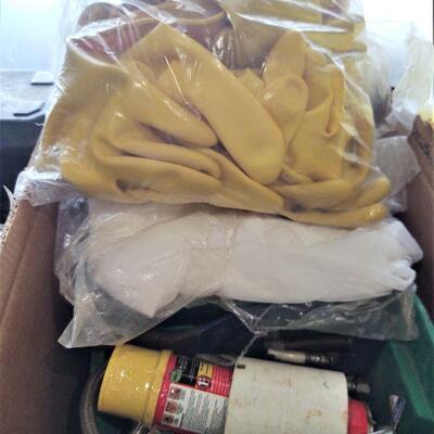 lot 107  - Box of yellow rubber gloves, white disposable coveralls, etc