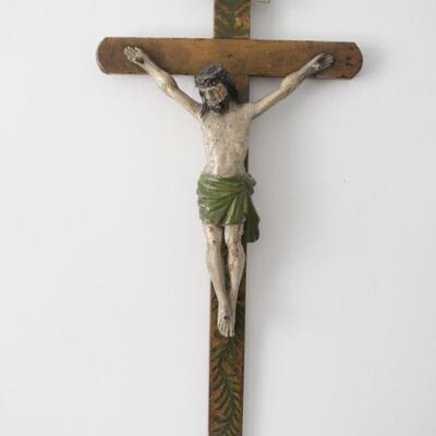 Lot #192: Vintage Carved Wood Crucifix Wooden Painted Jesus