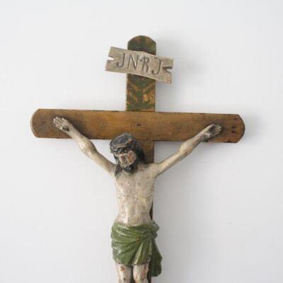 Lot #192: Vintage Carved Wood Crucifix Wooden Painted Jesus