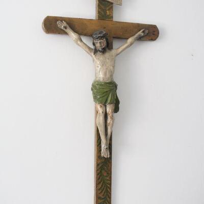 Lot #192: Vintage Carved Wood Crucifix Wooden Painted Jesus