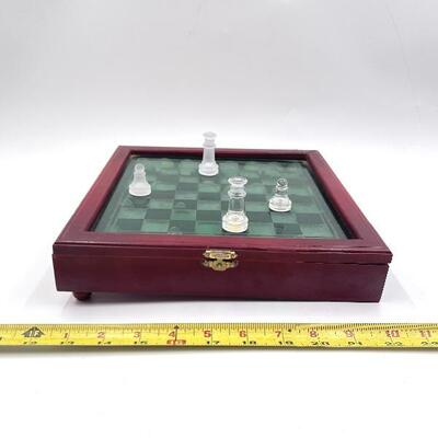 GLASS CHESSBOARD BOX AND PIECES