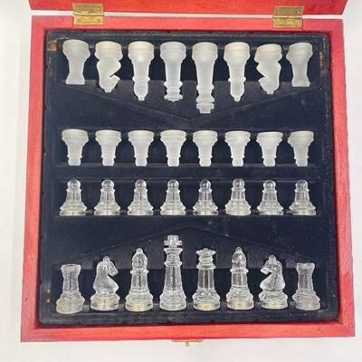 GLASS CHESSBOARD BOX AND PIECES