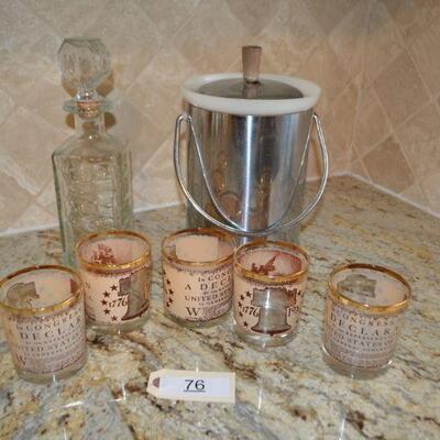 LOT 76 VINTAGE ICE BUCKET, DECANTER AND 5 VINTAGE TUMBLERS