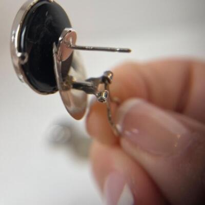 K569 14k White Gold Black Onyx Pierced French Back Earrings  