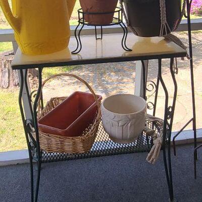 Lot 17P: Plant Stand, Shepard's Hooks, Planters and More