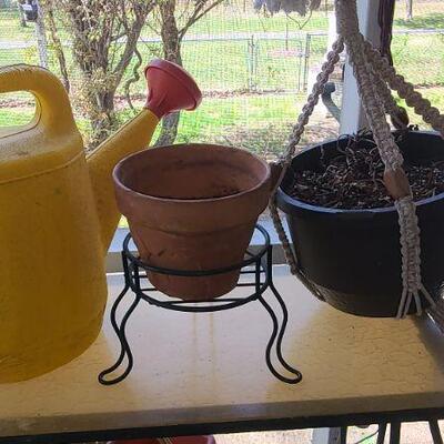 Lot 17P: Plant Stand, Shepard's Hooks, Planters and More