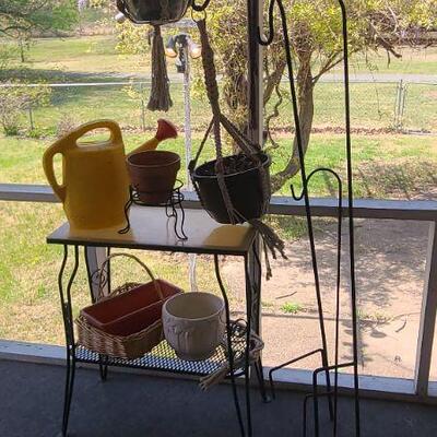 Lot 17P: Plant Stand, Shepard's Hooks, Planters and More