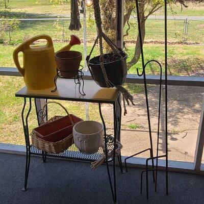 Lot 17P: Plant Stand, Shepard's Hooks, Planters and More
