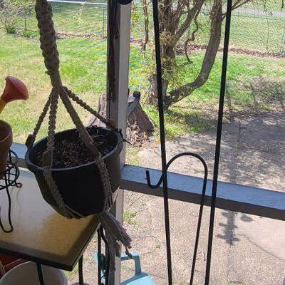 Lot 17P: Plant Stand, Shepard's Hooks, Planters and More
