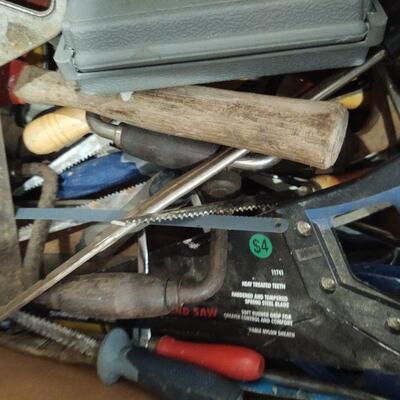 lot 120- Box of assorted hand tools incl various saws, hammers, etc