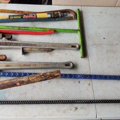 lot 127 =- Box of tools, pipe wrenches, crowbar, hammer