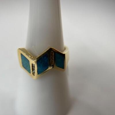K588 14k Yellow Gold Opal and Diamond Ladies Ring 