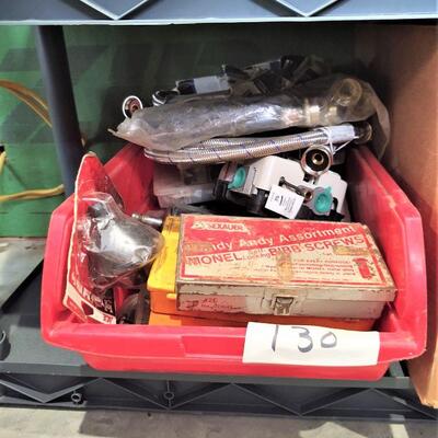 lot 130 - Bin of assorted plumbing hose, tools, parts, kits, etc. as shown