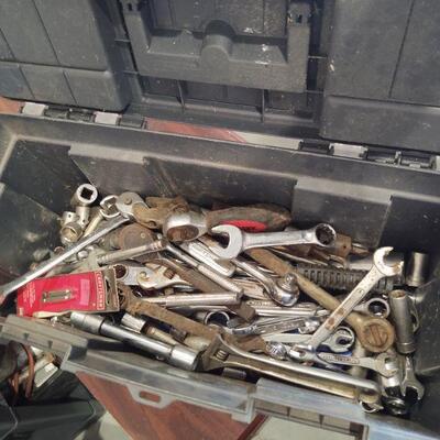 lot 131 - Tool box of assorted wrenches, sockets, drill bits, etc. (50+)