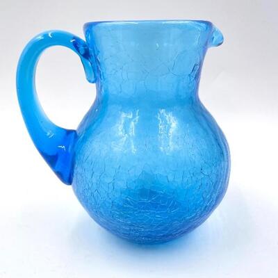 SMALL BRIGHT BLUE CRACKLED GLASS PITCHER