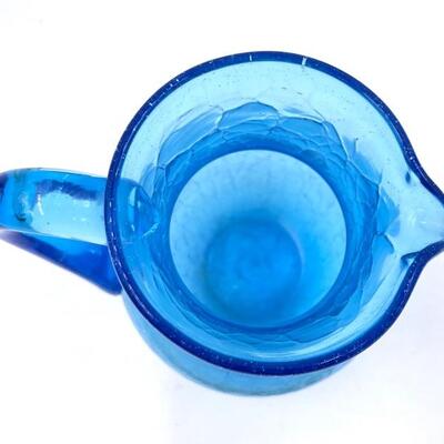 SMALL BRIGHT BLUE CRACKLED GLASS PITCHER