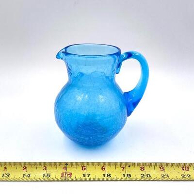 SMALL BRIGHT BLUE CRACKLED GLASS PITCHER