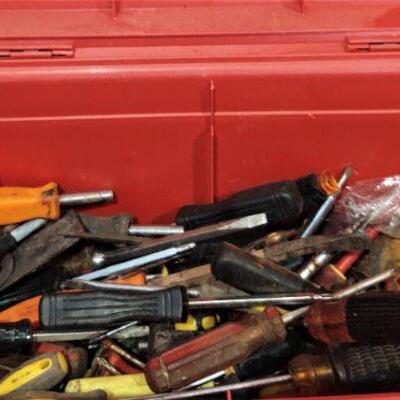 lot 134 -Red tool box of 50+ assorted screwdrivers,etc.