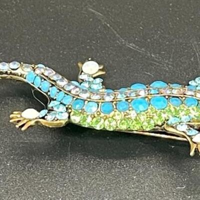 Turquoise Blue & Lime Green Rhinestone Lizard Reptile Pin Brooch Unsigned