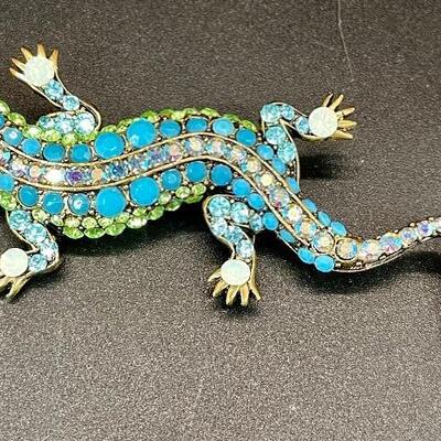 Turquoise Blue & Lime Green Rhinestone Lizard Reptile Pin Brooch Unsigned
