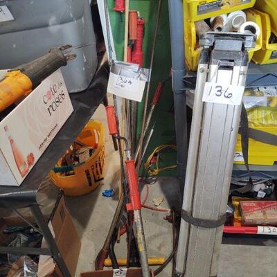 lot 136 - Tripod easel for equipment,, plumbing toilet augers/tips
