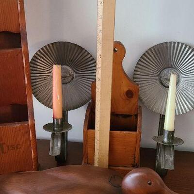 Lot 26F: Tin Sconces, Wood Carved Duck and More