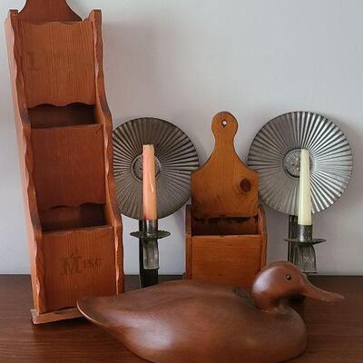 Lot 26F: Tin Sconces, Wood Carved Duck and More