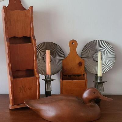 Lot 26F: Tin Sconces, Wood Carved Duck and More