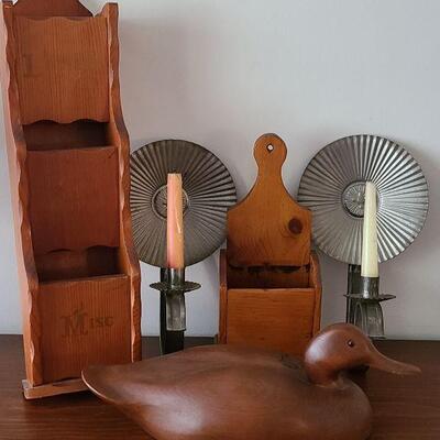 Lot 26F: Tin Sconces, Wood Carved Duck and More