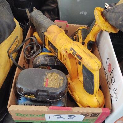 lot 138 - Assorted Dewalt power tools, batteries, charger, tool bag, blades. 