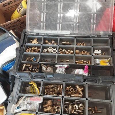 lot 156 - Husky organizer box with copper/brass/plumbing, Assorted plumbing/construction in bucket and bin